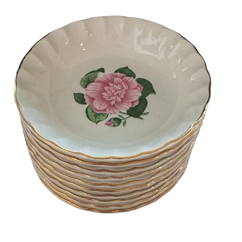 W.S. George Bolero Camellia Floral Scalloped Berry Bowls Gold Trim Pink White 5
